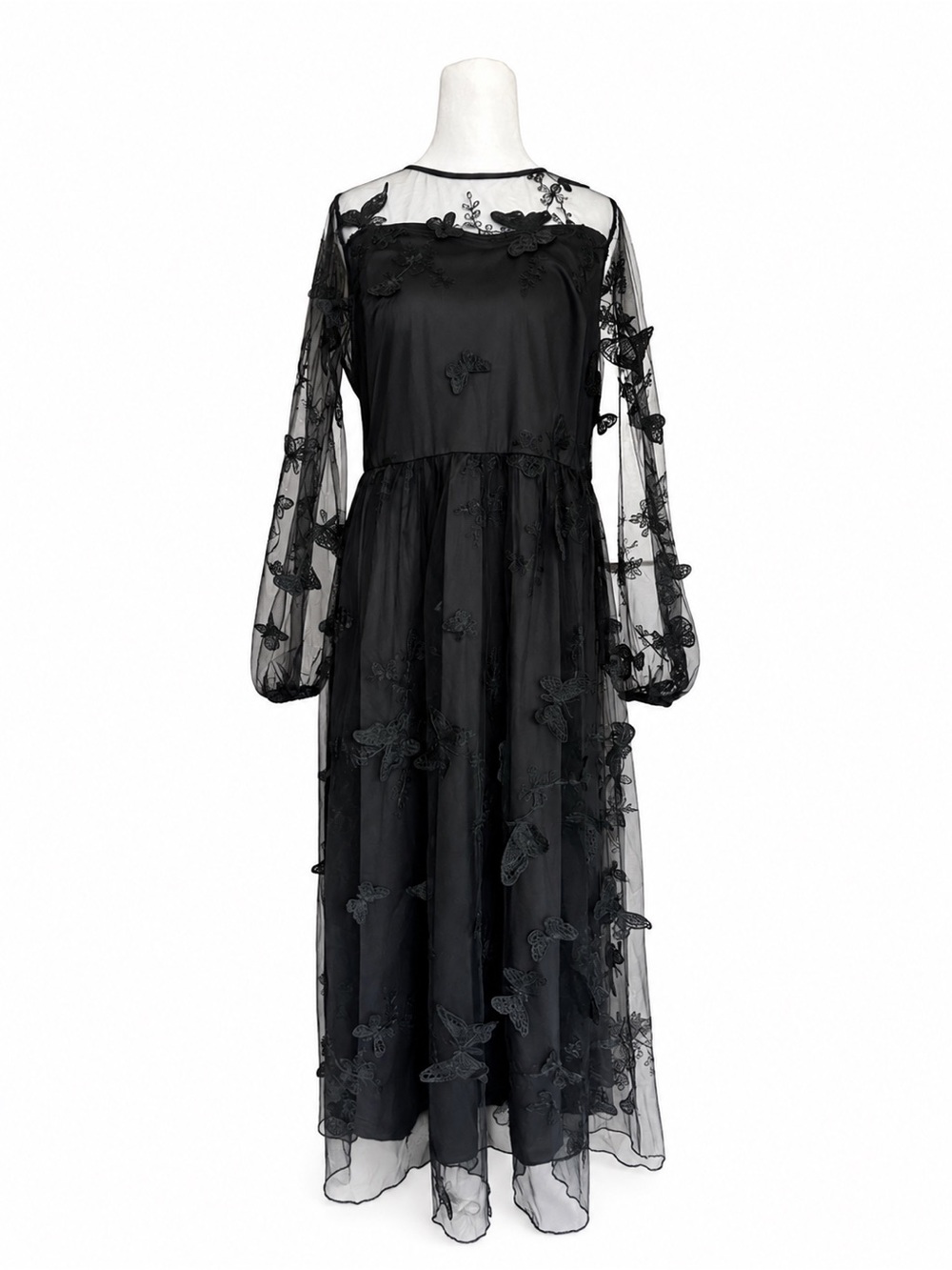 JJs House Black Embroidered Mesh Long Sleeve Evening Gown